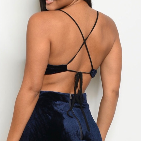 ❌DONATED❌Navy Blue Crushed Velour Cross Strappy Open Back Lined Maxi Dress - Picture 3 of 15